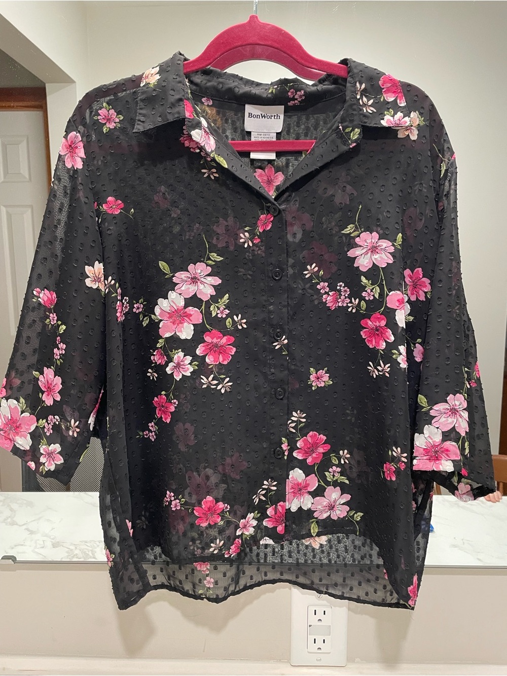 BonWorth Black Floral Button-Front Blouse - shear